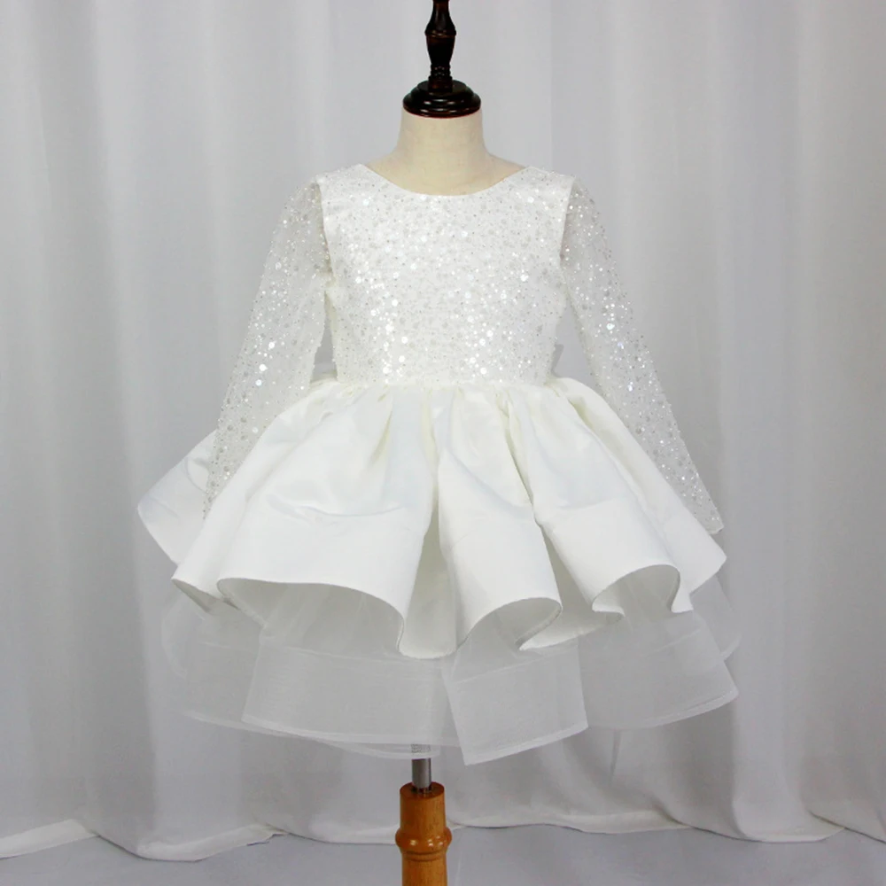 Gorgeous White Flower Girl Dresses Beaded Long Sleeves Girl Pageant Gowns Ruffles Ball Gowns Kids Princess For Wedding Birthday