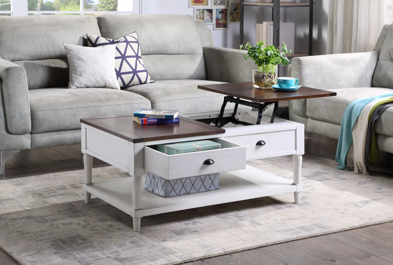 Two Colors Coffee Table Side Table End Table  Lift Top Wood Home Living Room  with 1 Drawer and Shelf