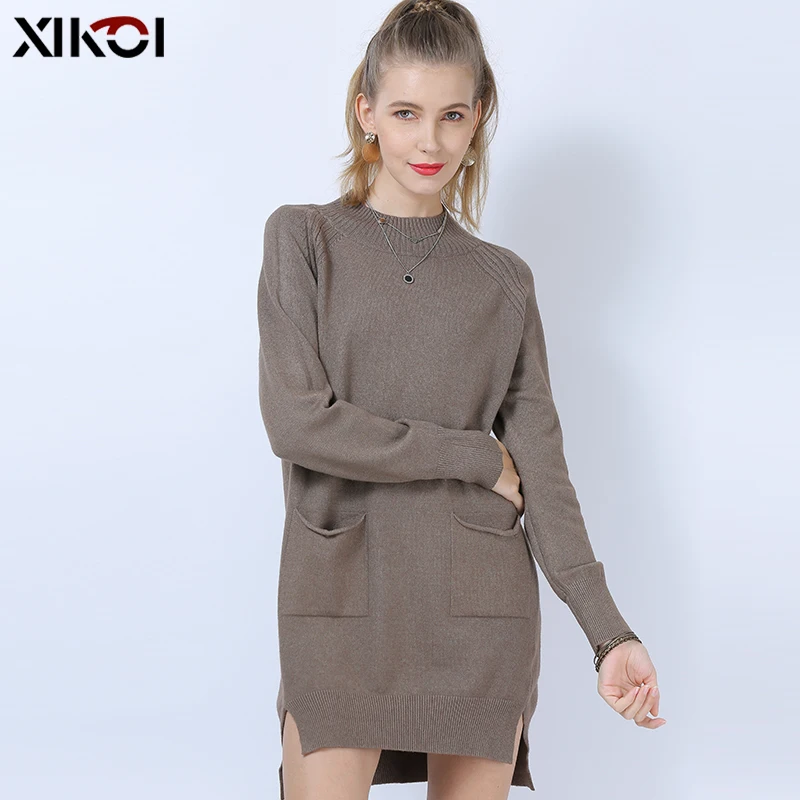 Xikoi Winter Oversized Trui Jurk Voor Vrouwen Warme Lange Trui Jurken Klassieke Basic Jumper Gebreide Plus Truien Trek Femme