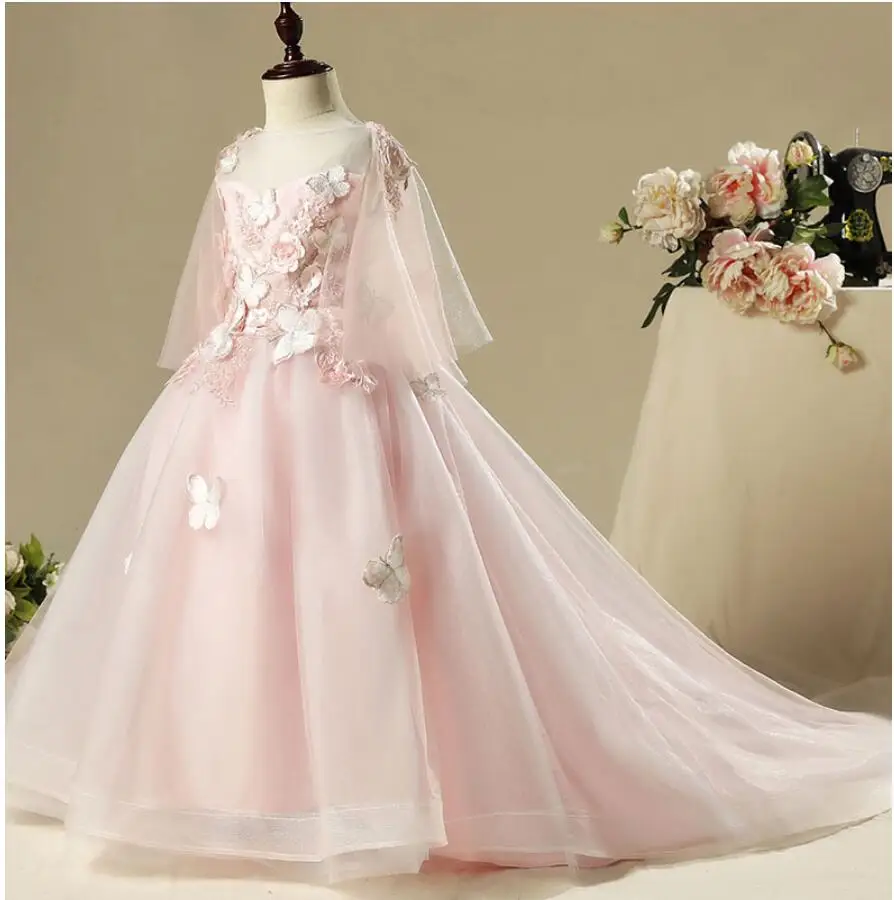 

Girls Elegant Princess Dress Appliques Tulle Girls Wedding Dresses Trailing Kids Girl Birthday Party Evening Children Long Gown