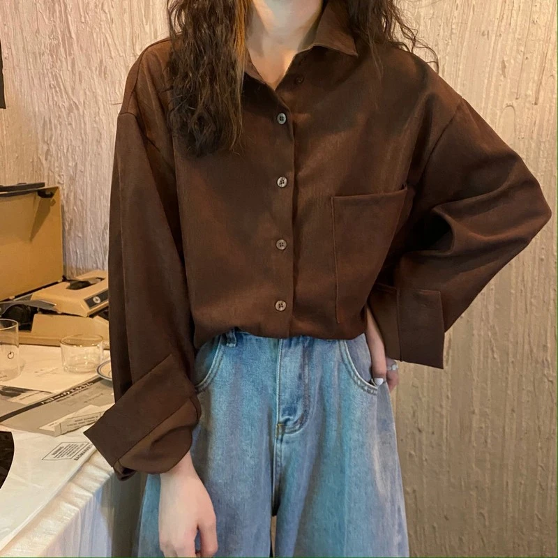 Women's Vintage Corduroy Shirts Autumn Winter Long Sleeve Big Size Tops Korean Ladies Blue Red Pink Coffee White Long Shirt Coat