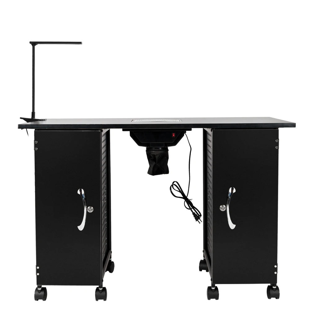 iron Manicure Station Large Table with LED Lamp & Arm Rest Salon Spa Nail Equipment Black with  Eight locking casters