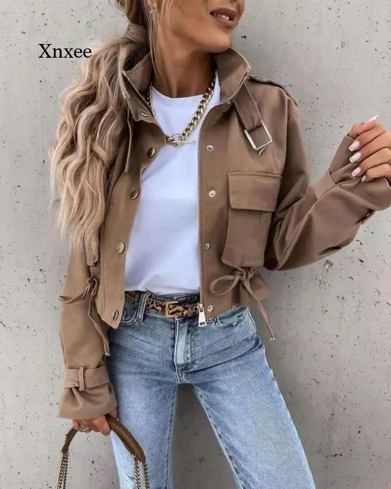 Autumn Women\'s Fashion Casual Style Drawstring Zipper Buckle All-Match Jacket Style Short Jacket