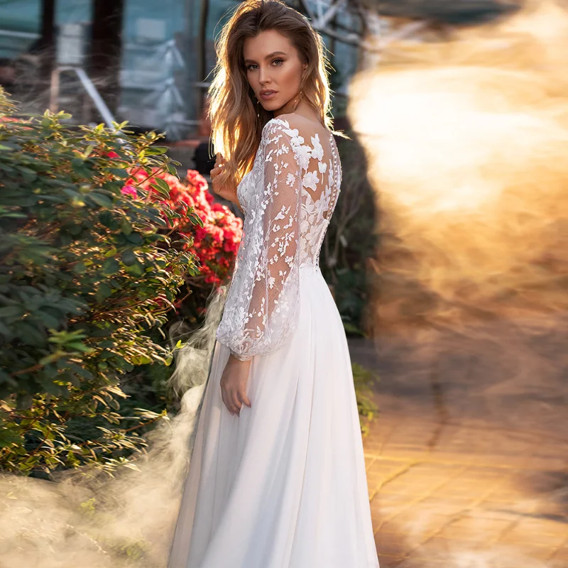 Simple Long Sleeves Wedding Dresses V-Neck Sweep Train Sexy Lace A-Line Boho Beach Bride Dress Robe De Mariee свадебное платье