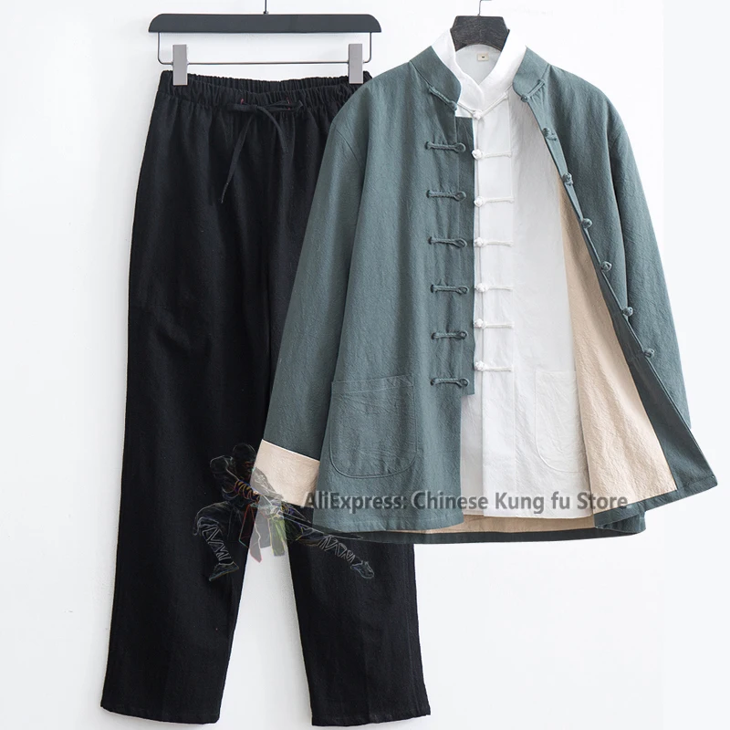 3 Pieces Cotton Linen Chinese Kung fu Wing Chun Suit Tai Chi Uniforms Martial arts Meditation Jacket and Pants Tang Clothes