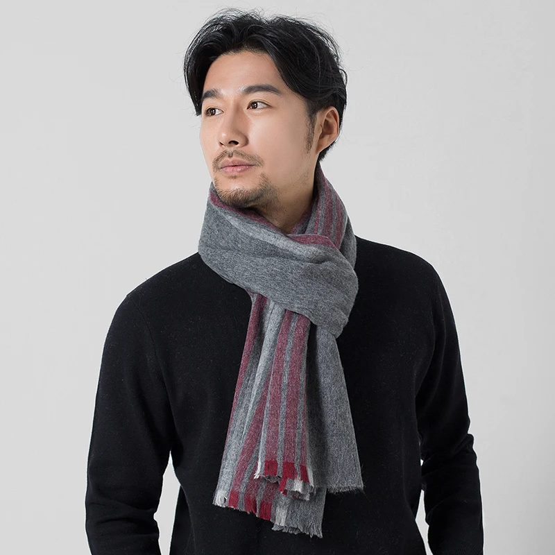 Winter 100% Lamb Wool Men\'s Scarf Striped Warmer Thicken Pashmina Wraps Foulard Male Cashmere Neck Scarf Large Fashion Echarpe