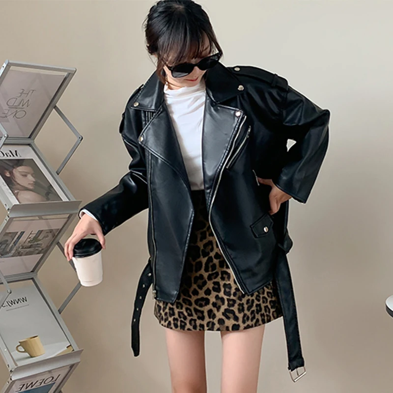 Aibeautyer New Spring Autumn Casual Loose Locomotive Outwear with Belt Women Moto Biker Punk Style PU Coat Faux Leather Jacket