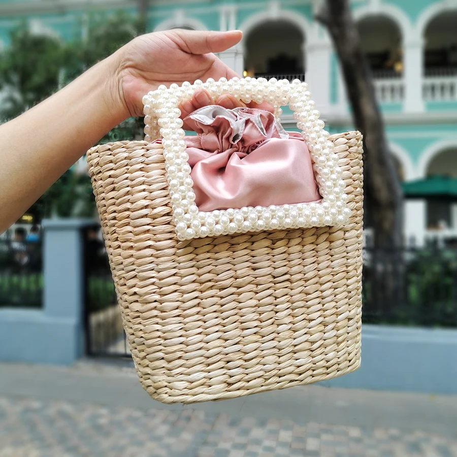 Bolso de playa con perlas para mujer, bolsa Bohemia tejida a mano, de paja con cuentas, elegante, de hombro, de alta calidad, para vacaciones, verano, 2020