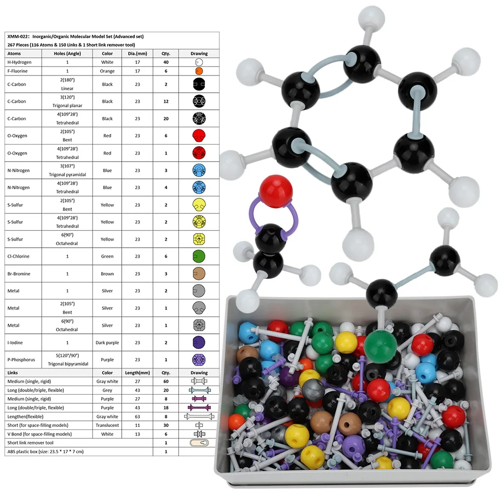 267 Pcs Molecular Organic Inorganic Structure Kit Atom Link Model Set for Student Teacher Atom Model Building Construction Toys