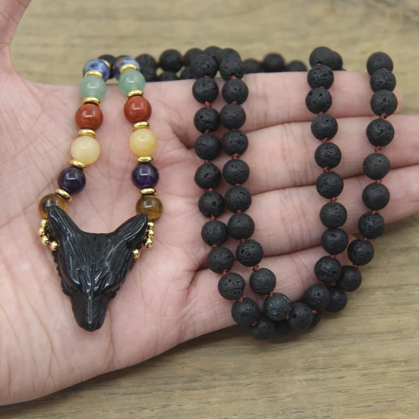 Natural Black Obsidian Craved Wolf Head Pendants Knotted Handmade Yoga Necklaces Lava Stone Round Beads Mala Jewelry,QC0107