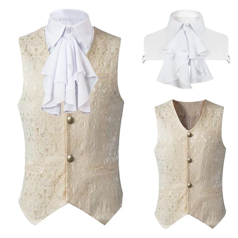 Mne's Steampunk Suit Vest Gothic Victorian Single Breast Brocade Medieval Halloween Cosplay WaistCoat with Jabot Tie S-3XL