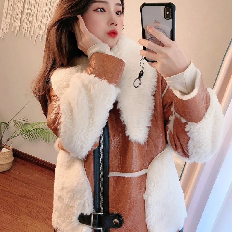 Real Shearling Fur Jacket Women Thick Warm Winter Wool Lining Coat Leather Patchwork Motorcycle Jacket Natural Sheep Fur Jackets