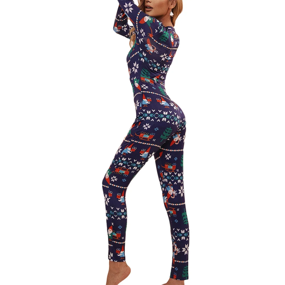 Christmas Women Pajamas Jumpsuit for Women Sleepwear V Neck Long Sleeve Christmas Cartoon Printed Pajamas Overall Homewear