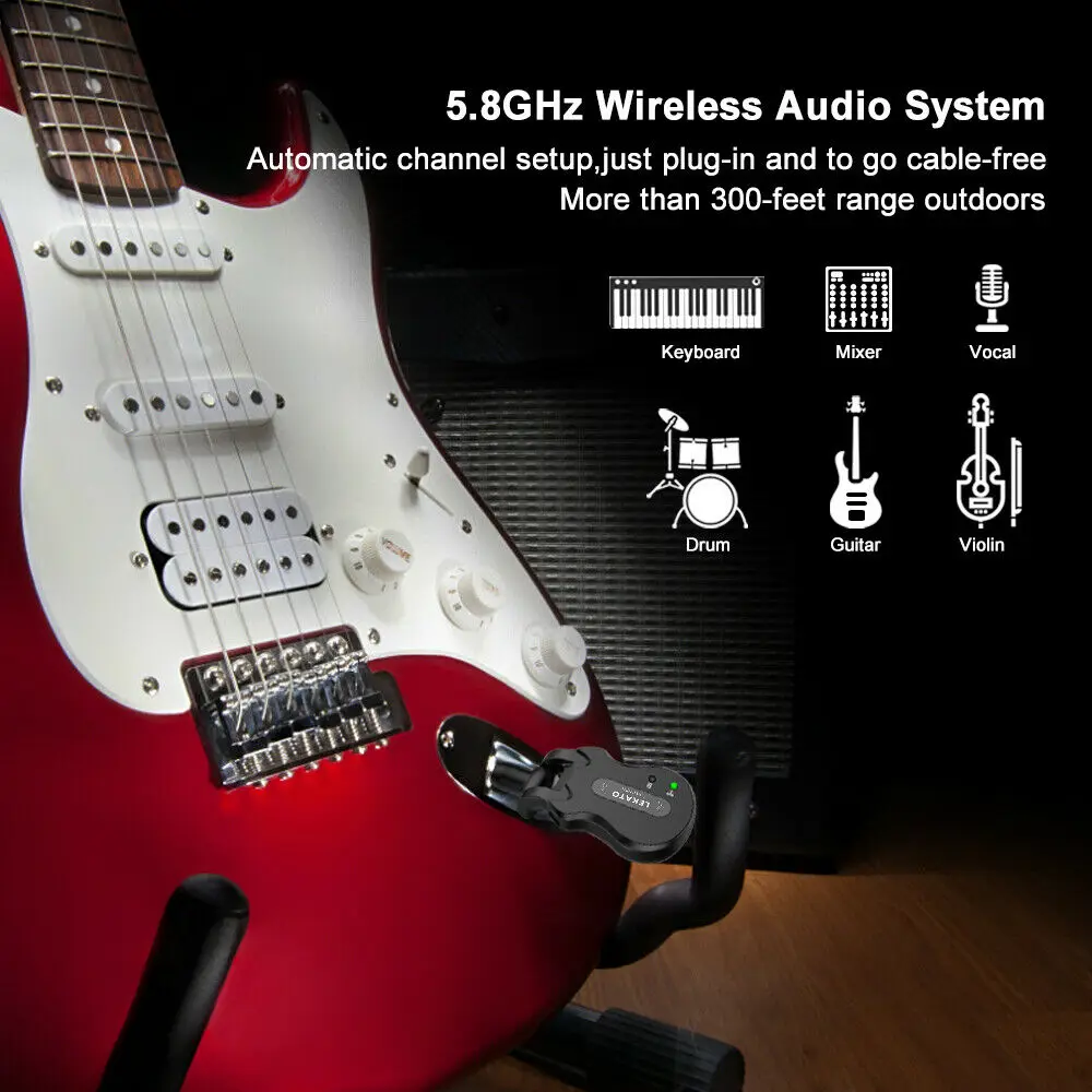 LEKATO WS-50 – système émetteur-récepteur de guitare électrique sans fil, 4 canaux ISM 5.8Ghz, Rechargeable pour accessoires de guitare