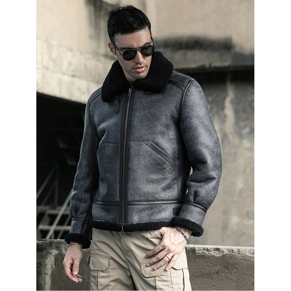 Schapenvacht Shearling Jas Mens B3 Bomber Jas Korte Leren Jas Heren Winterjassen Fur Jacket Grey Kleur