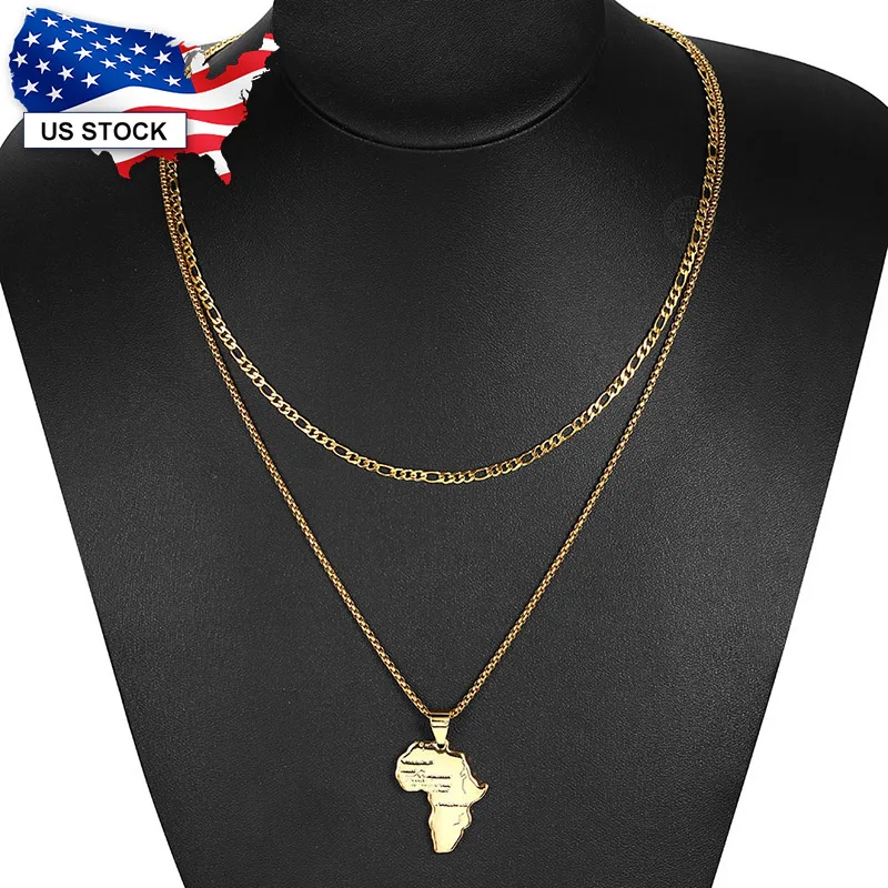 2pcs Gold Color Pendant Necklace for Women Men Stainless Steel Figaro Box Link Chain Africa Map Charm Jewelry LKN647GP56