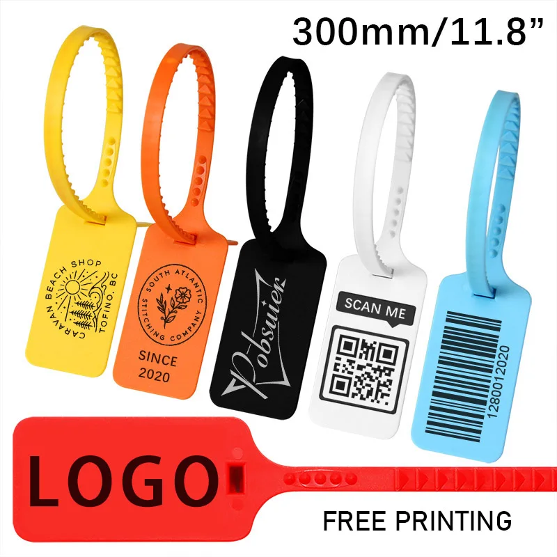 100 Custom Logo Tag Zip Ties Off Labels White Plastic Security Garment Clothes Shoe Brand Logo Hang Label Tags Seals 300mm/11.8\