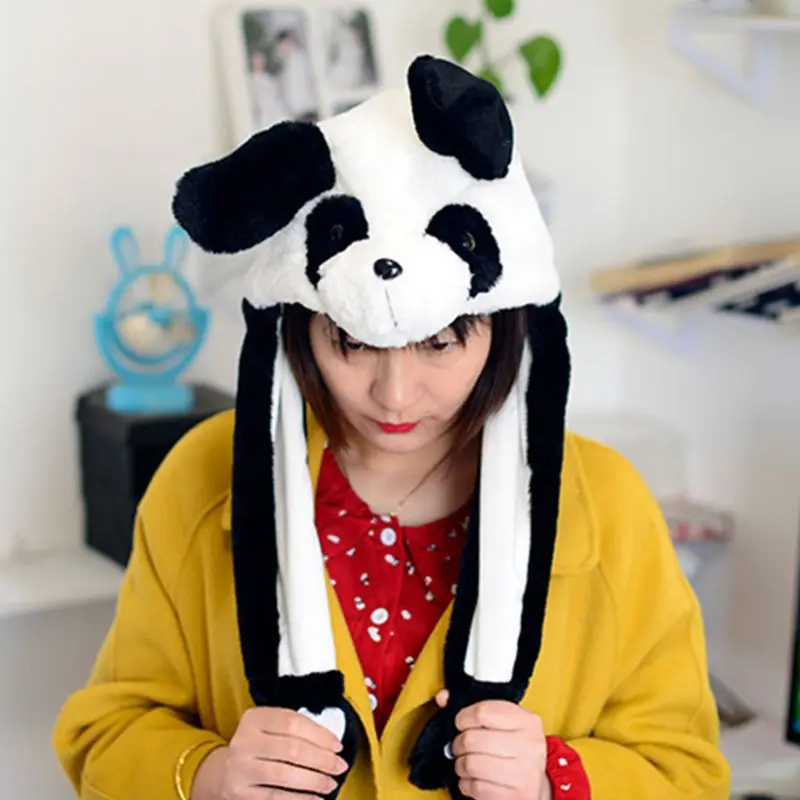 Children Adult Short Plush Cute 3D Cartoon Panda Animal Hat with Moving Ears Double Airbag Paws Warm Earflap Cap Toy Party Props