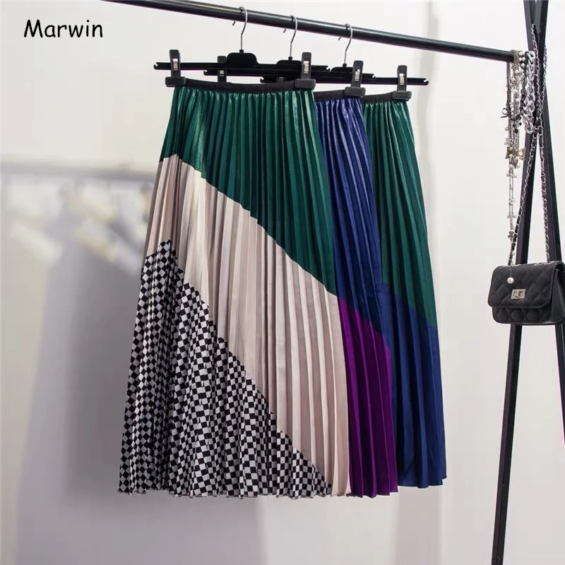 

Marwin 2019 Spring New-Coming Europen Color Matching Plaid Pleated skirt High Street Style Mid-Calf Empire Striped Women Skirts