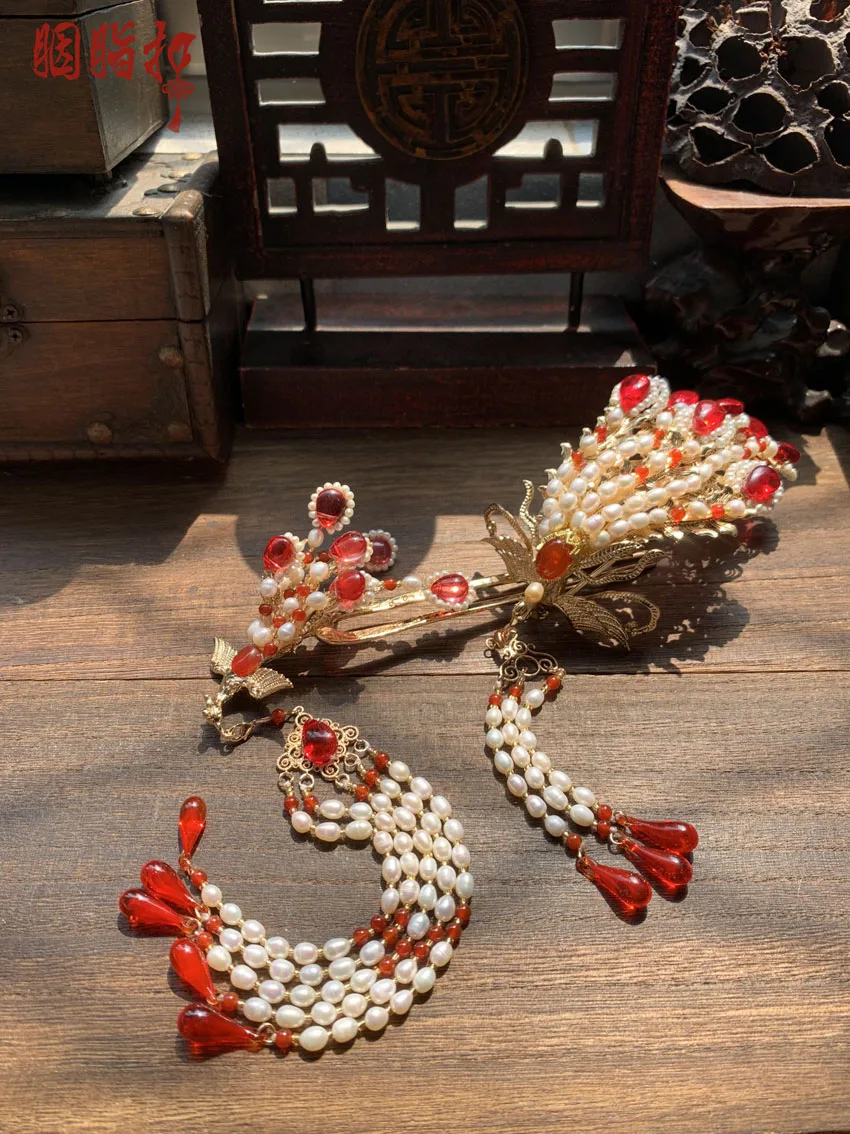 YZQ  Feng Xi Vintage Original Handmade Full Pearl Beads Phoenix Hair Tiara with Long Tassel Hair Sticks Ming Dynasty Tiao Pai