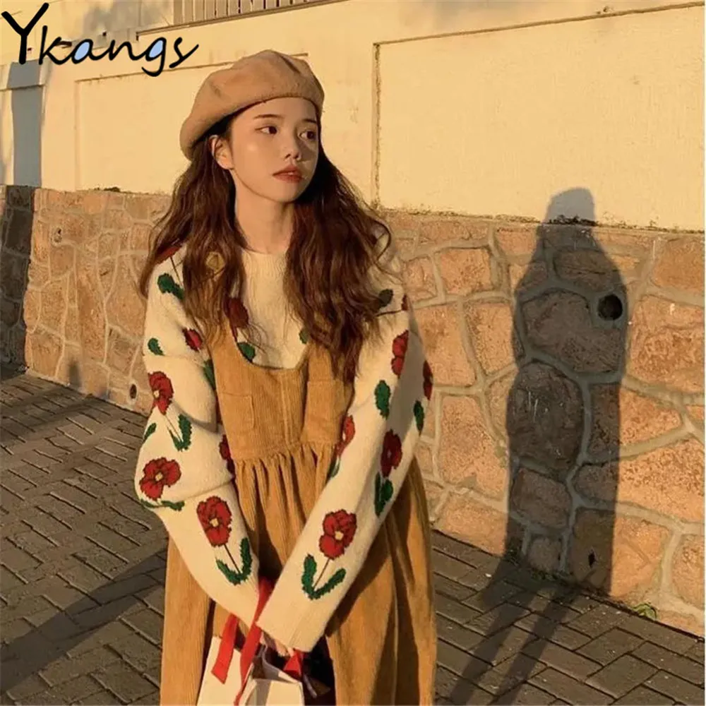 

Winter Vintage Sweet Women 2pcs Set Flower Jacquard Knitted Pullover Sweater +Corduroy Suspender Dresses Kawaii Suit Japanese