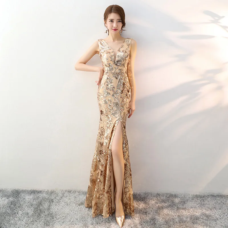 Wedding Qipao Sexy Long Robe Retro Fashion Party Evening dress Cheongsam Oriental Dress Chinese Style Gold Sequins Prom dress