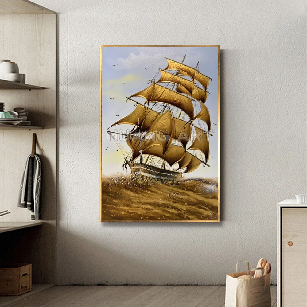 Hand-painted Modern Gold Sail Oil Painting on Canvas for Living Room Decor Handmade Sailboat Sea Landscape Texture Painting