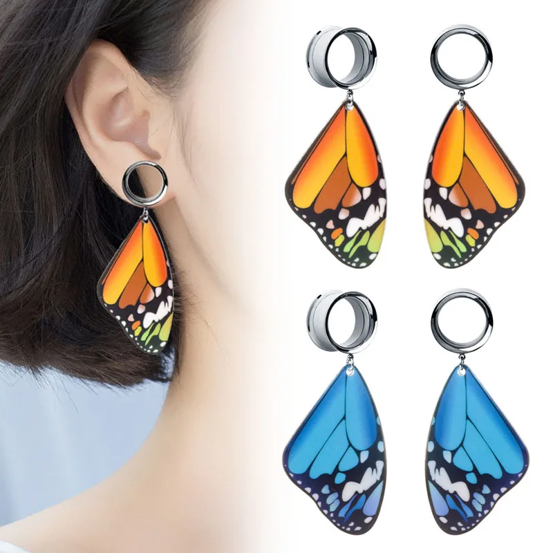 2pieces Stainless Steel Ear Piercing Earrings Ear Plugs Tunnels Butterfly Dangle Ear Expansions Ear Reamer Ear Dilations