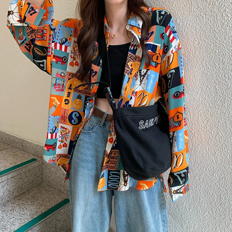 Shirts Frauen Frühling Gedruckt Dünne Bunte Lose Hip-hop Street Tragen Weibliche Outwears Strand Hawaii Mode Freizeit Teens Koreanischen BF