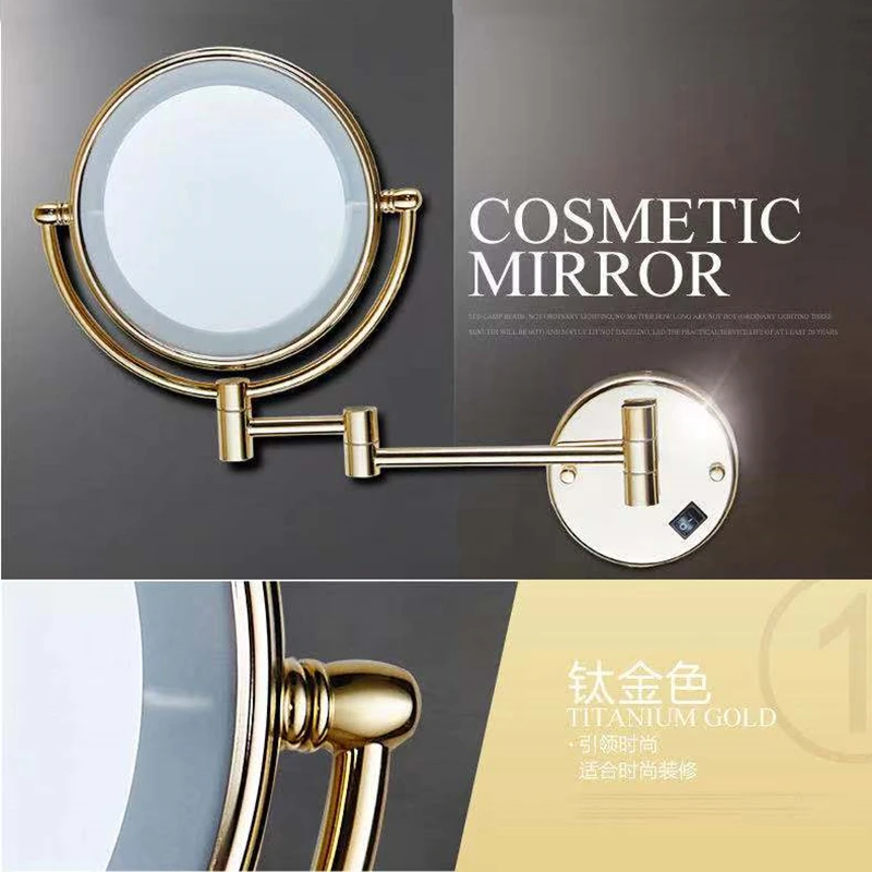 

Cosmetic Mirror Zirconium Gold Brass Dual Side LED Wall Lamp Magnification 3 X/5 X/10 X Extending Folding Round Makeup Mirrors