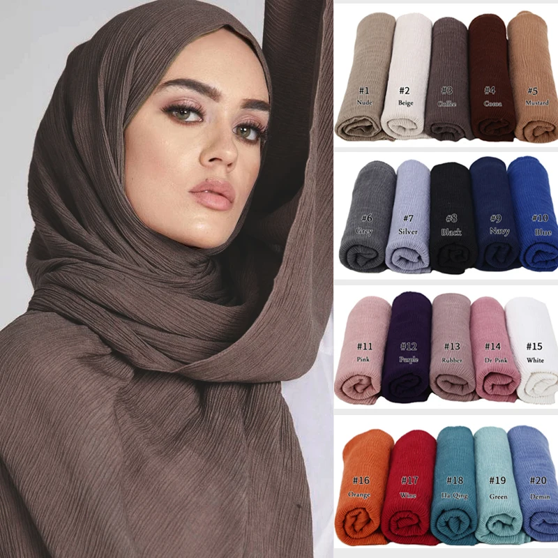 

55*180cm Women Muslim Crinkle Hijab Scarf Femme Musulman Soft TR Cotton Pleated Headscarf Islamic Hijabs Shawls and Wraps