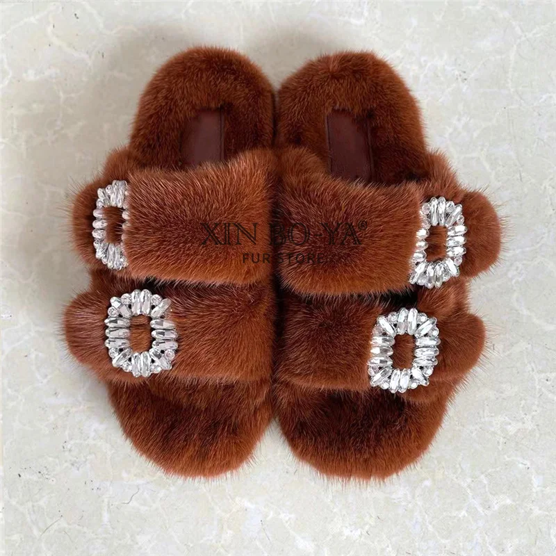 Summer 100% Mink Fur Slippers High-End Luxury Customization 2024 Women\'s Shoes Flat Fashion Flat Heel Luxury Fluffy Sandals