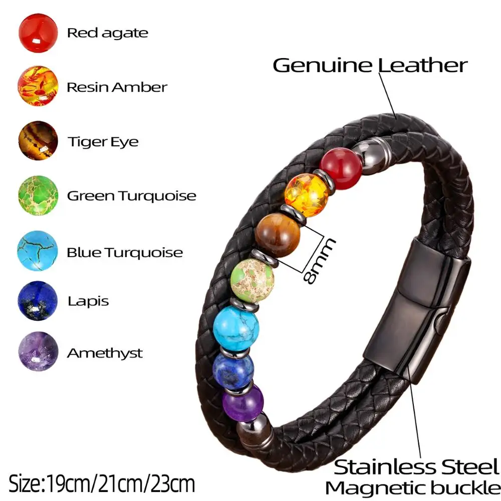 Natural redondo chakra grânulo de pedra pulseira masculina clássico preto couro genuíno pulseira de aço inoxidável feminino 2020 moda jóias