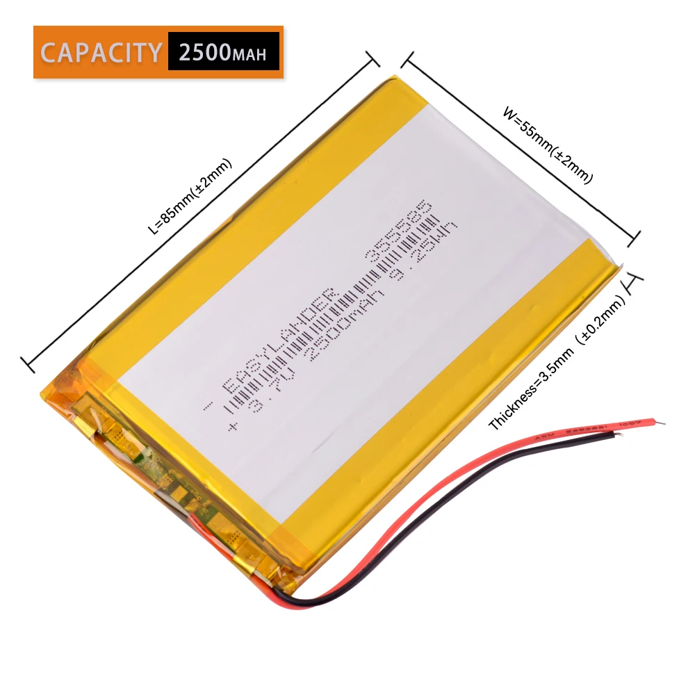 355585 3.7V 2500mAh Rechargeable Lithium Li-ion Polymer Battery For phone E-book power bank psp DVD DVR GPS PDA