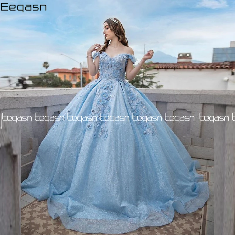 Sprankelende Hemelsblauwe Sweet 16 Baljurk Quinceañera Jurken Kralen Kanten Bloemen Vestido De 15 Anos Lange Prom Quinceanera 2024