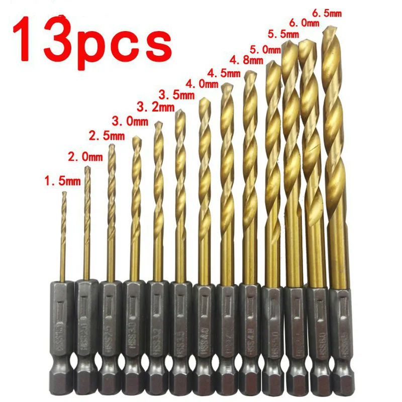 Sunshine  Makita HSS 13pcs 1/4 Hex Shank Titanium Coated Drill Bit Set 1.5-6.5mm