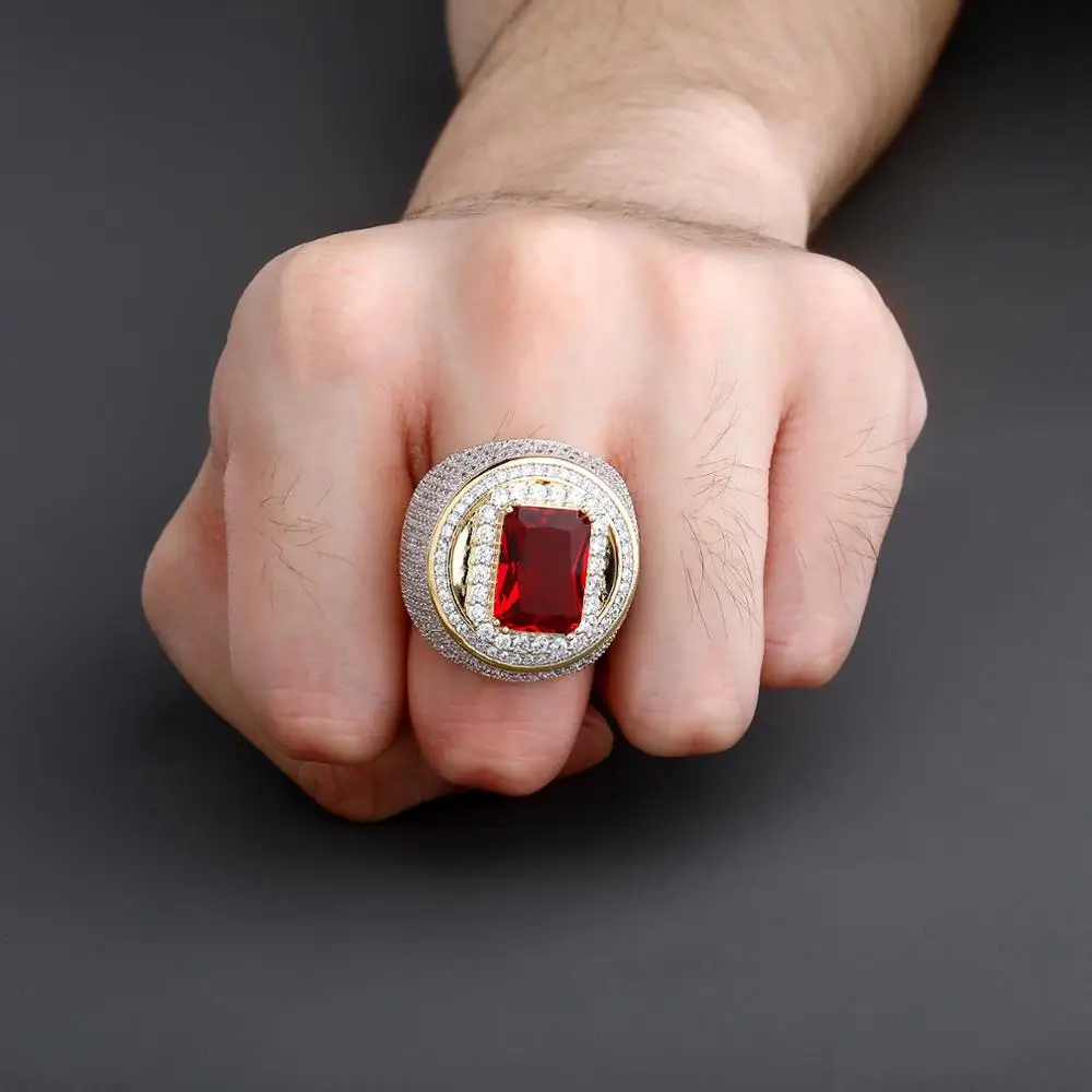 TOPGRILLZ Hip-Hop Classic Gold Color Plated Cubic Zircon Big Red Stone Ring Personality Fashion Men Women Jewelry Lover Gift