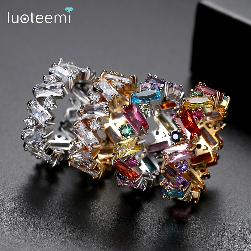 LUOTEEMI 2021 New Trendy Multicolor Rainbow Square Cubic Zircon Finger Rings for Women Sliver Color Gold Color Finger Rings