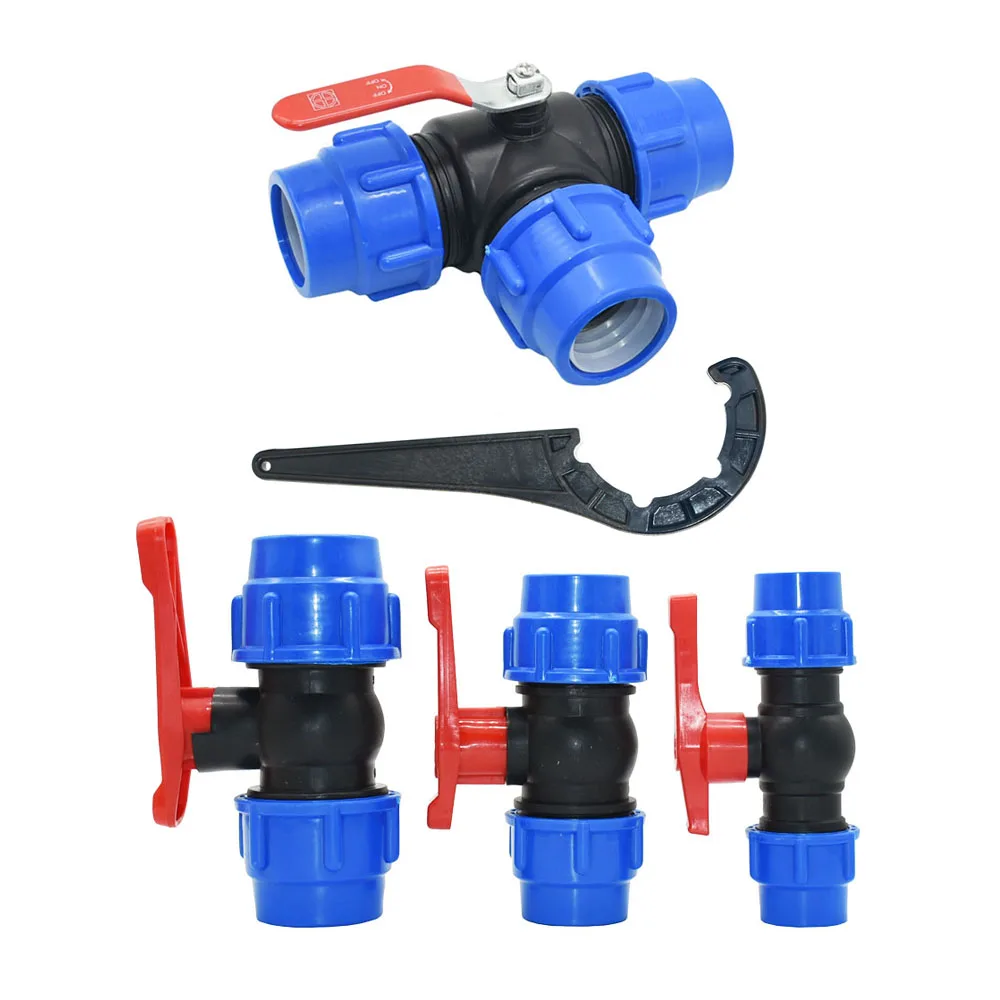 PE 3-Way Fast Connection Pipe Valve Plastic Ball Valve T-Type Water Splitte Internal Diameter 20/25/32/40/50mm Tube Accessories