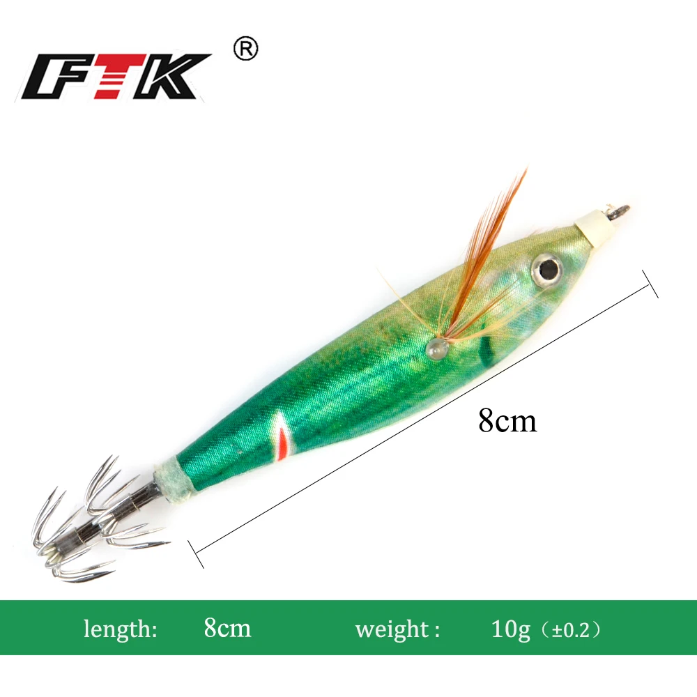 FTK  Luminous Squid Jig Fishing 8cm/10g Wood Shrimp Lure Squid Cuttlefish Jig Lure Bait Fishing Lure Accessories