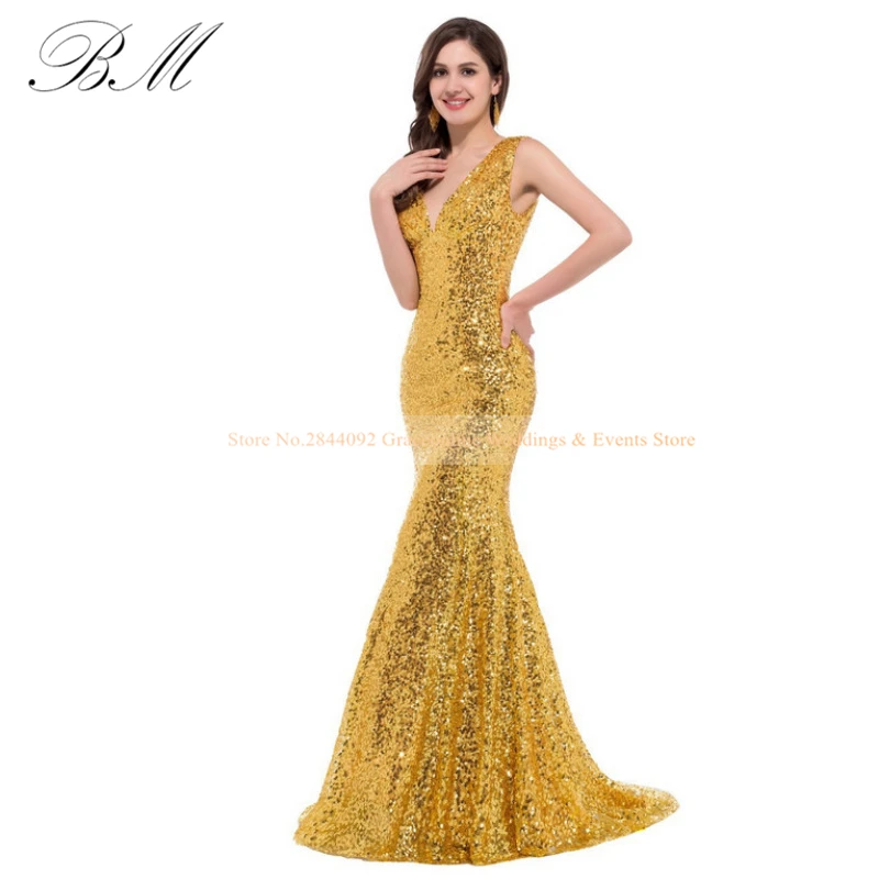 Elegant Red Yellow Sequin V Neck Prom Dresses 2021 Mermaid Lace Formal Party Evening for Women Robe De Soiree In Stock