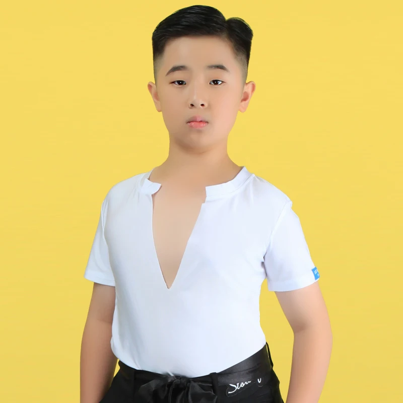 New Boys Latin Dance Top V-Neck Short Sleeves Shirts Loose Pants Children Cha Cha Samba Salsa Dancing Practice Costumes DN6325