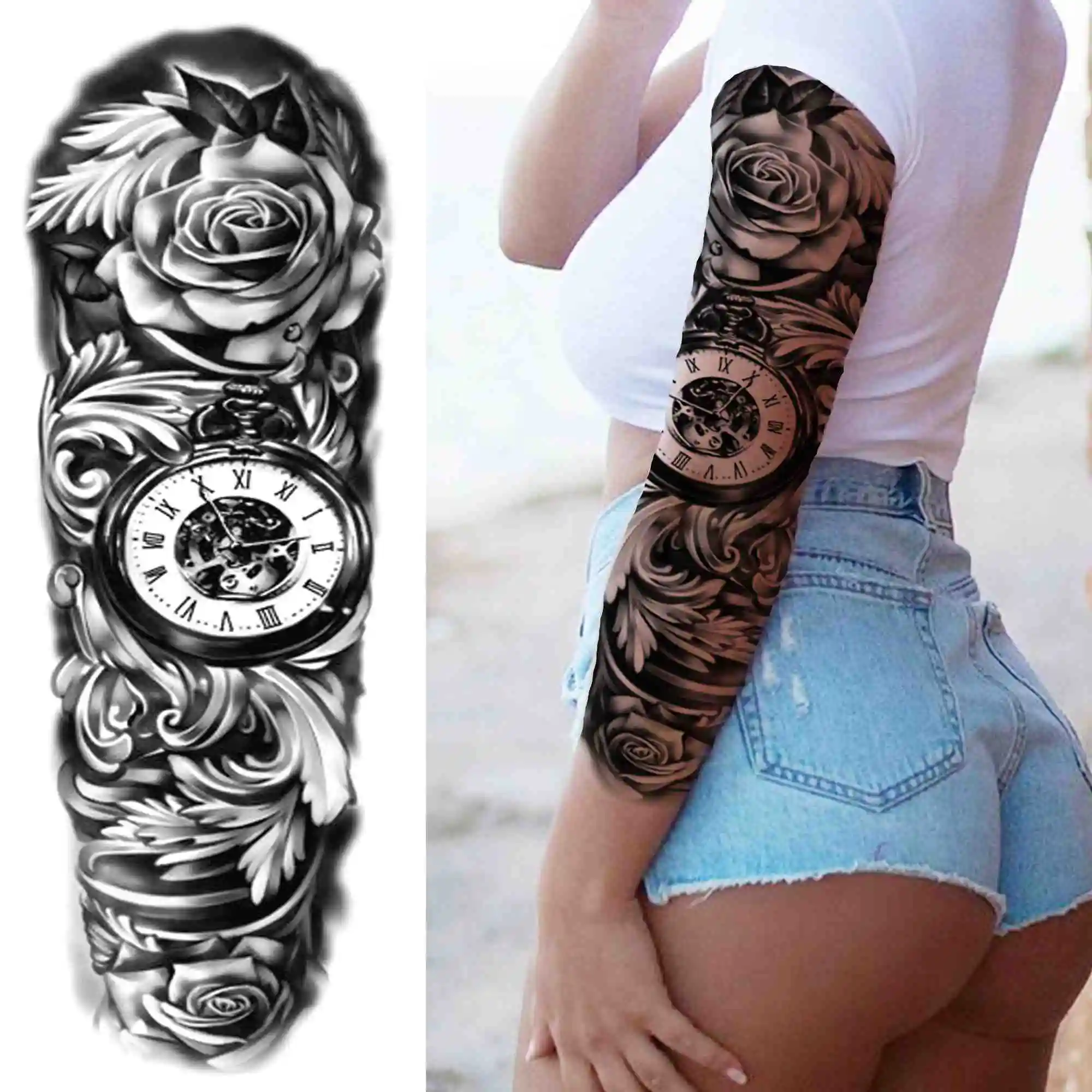 Tatouage temporaire 3D Rose à grande fleur pour femmes et hommes, faux, boussole noire, guerrier, autocollant, Triangle, manches complètes