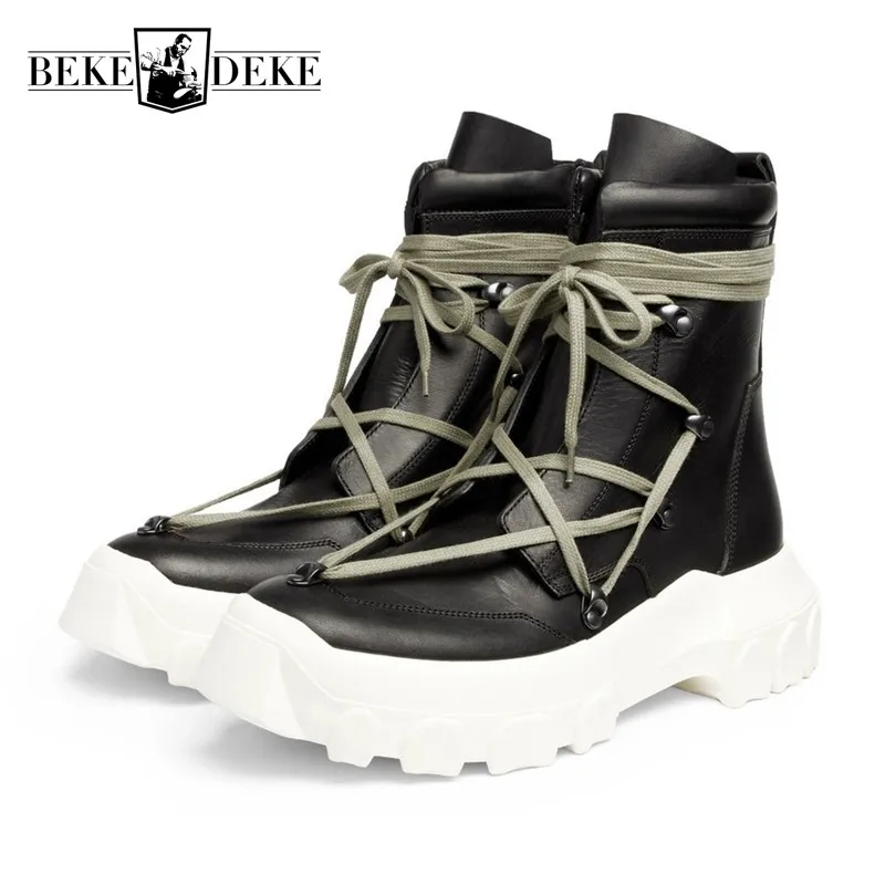 Strap Cross Street Mens Thick Antiskid Platform Gothic Real Leather High Top Tactical Safety Shoes Heels Ankle Boots