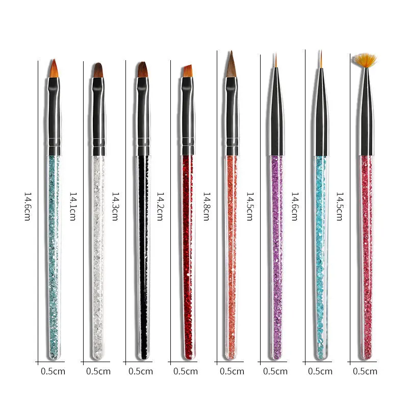 7 stks/set Nail Art Brush Set UV Gel Nagelschilderborstels met Strass Handvat Nail Liner Brush Tekening Pen Nagelborstel T0710