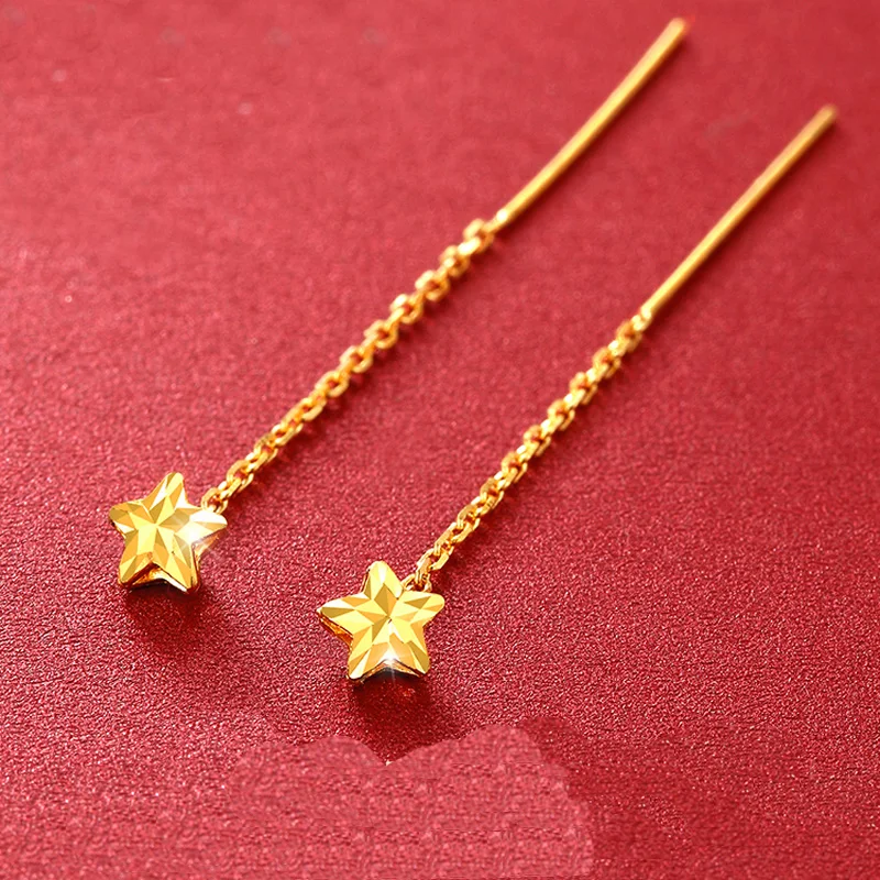 

Pure 24K Yellow Gold Earrings Women 999 Gold Star Link Long Dangle Earrings