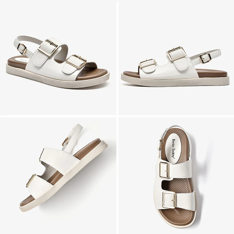 BEAU TODAY Casual Sandals Women Cow Leather Double Buckles Ankle Strap Ladies Summer Beach Low Heel Sport Shoes Handmade A38128