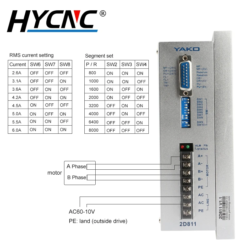 YAKO CNC 밀링 머신용 Nema 34 모터용 2 상 스텝퍼 드라이버, 2D811 80-110VAC 전압 CNC 라우터 모터 드라이버, 2D68MH