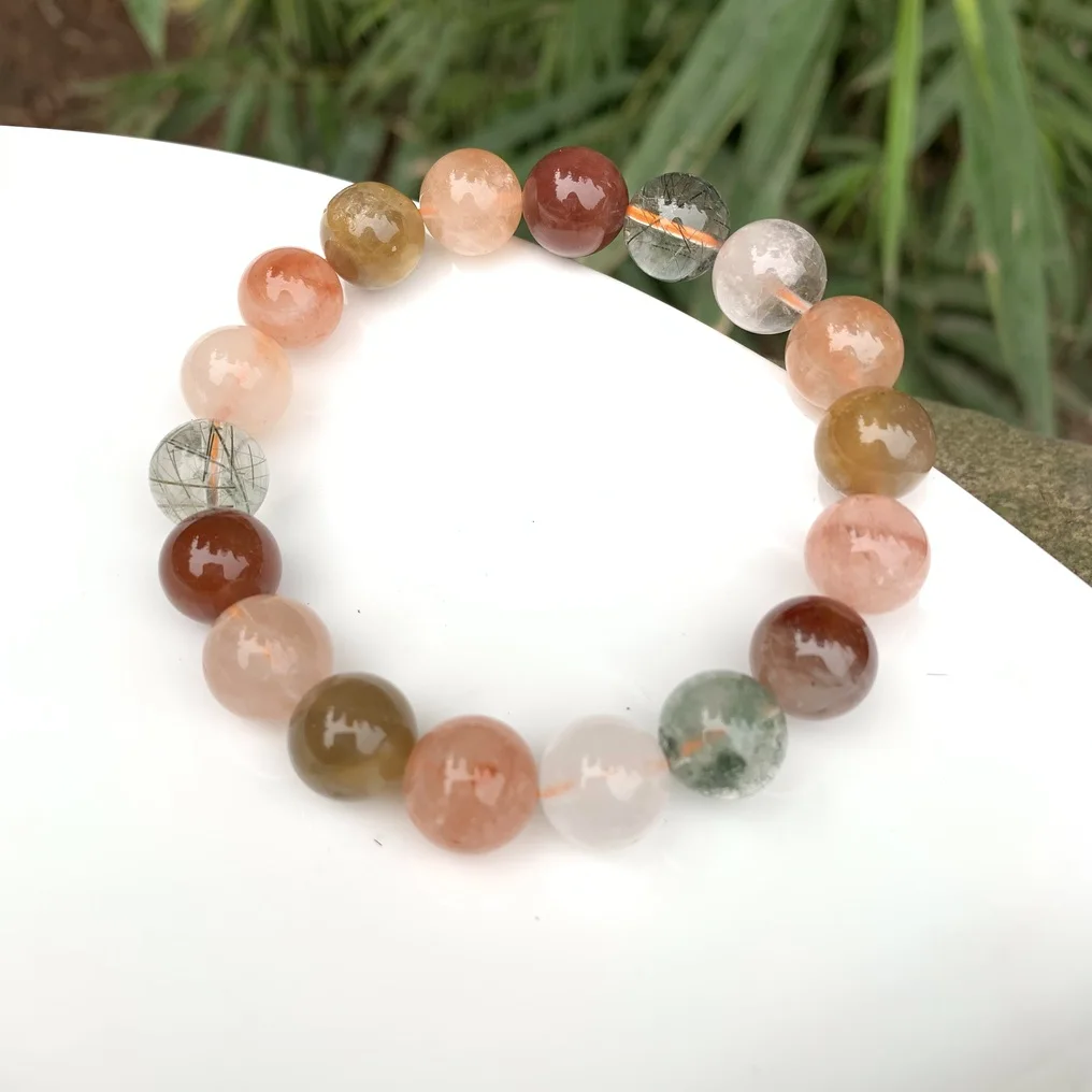 9-10MM Natural Brazil Colorful Rutilated Quartz Bracelet Crystal Gift Colorful Woman Round Beads Genuine jewelry