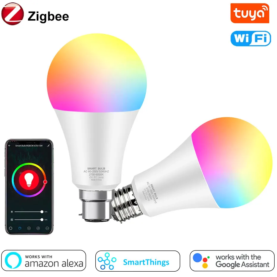 

Умные светодиодные лампы Tuya Zigbee с Wi-Fi, 12 Вт, 15 Вт, RGB-подсветка, E27, B22, 110 В, 220 В, работает с Alexa Google Home